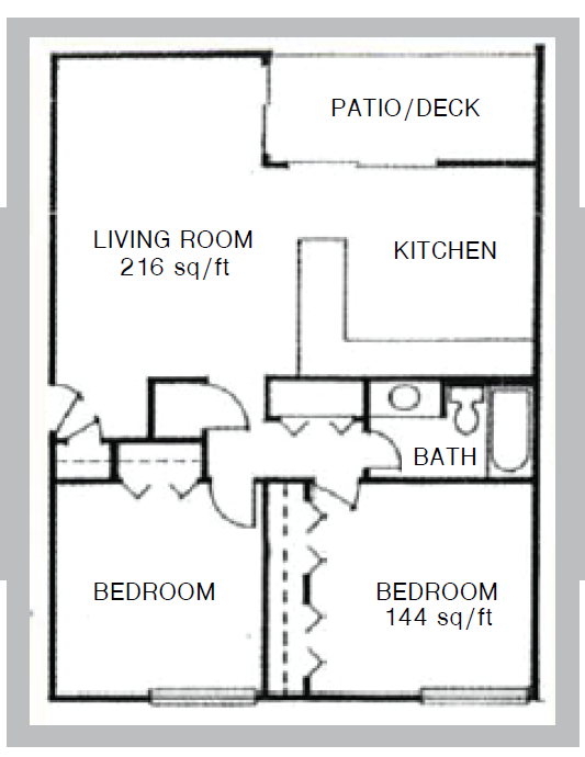 Floor plan for 2 beds, 1 bath, 850 sqft